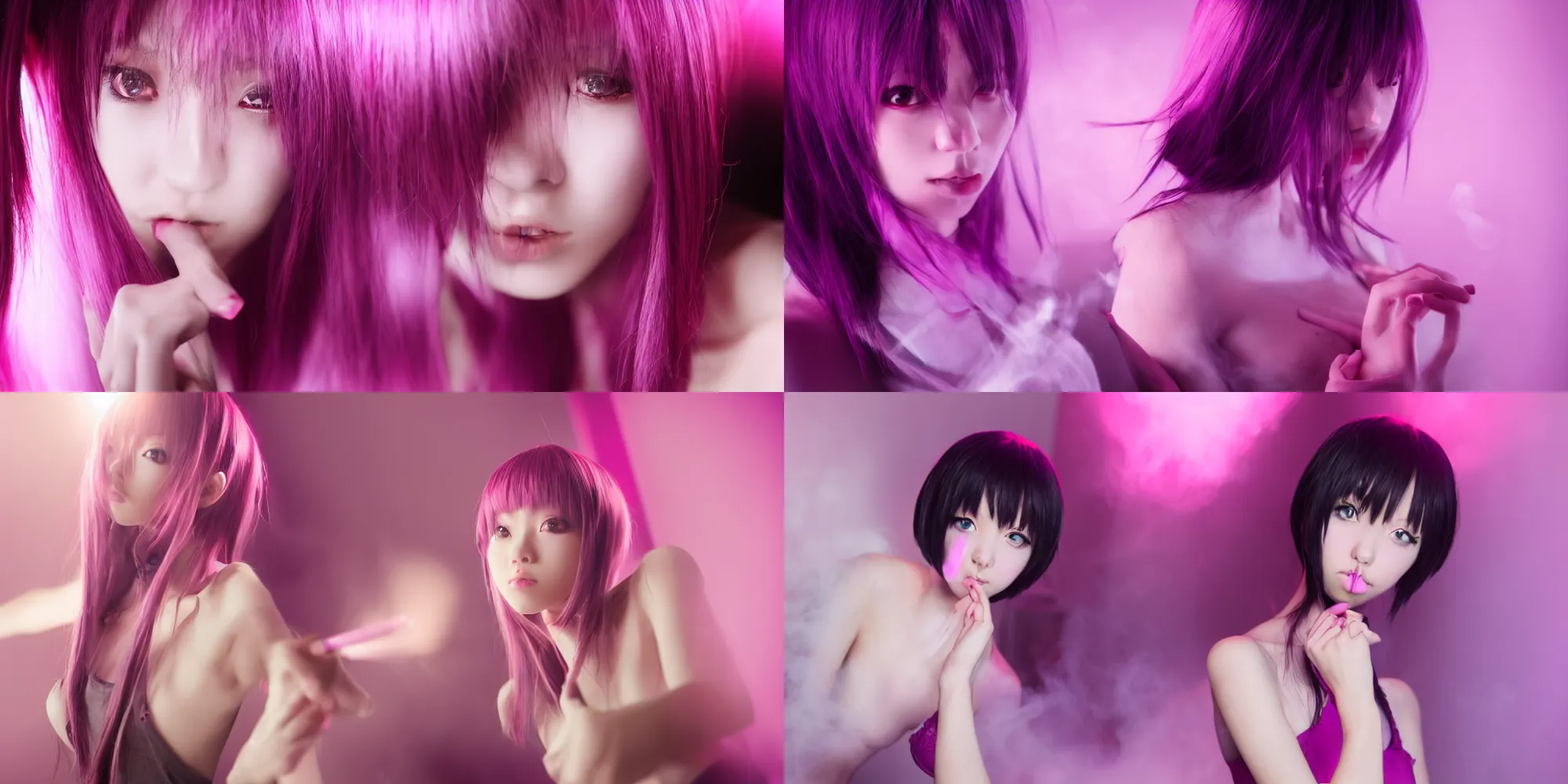 Prompt: photo of slim anime girl, 20yo, high detail, studio, smoke, sharp, pink violet light, studio