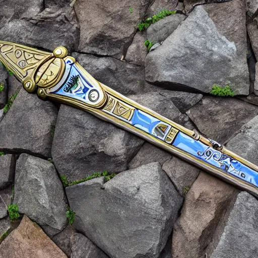 Image similar to legend of zelda master sword stuck in a stone, wide angle view