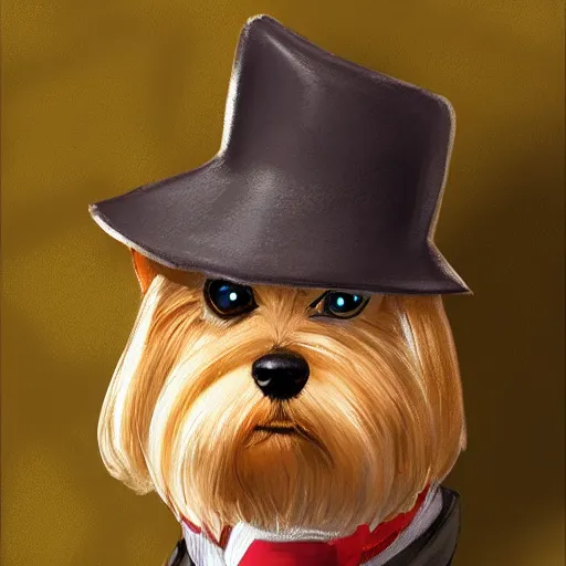 Image similar to detective yorkshire terrier wearing a fedora, disney eyes, in a dark alley, by D&D Concept Artists