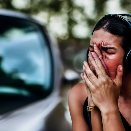 Image similar to a woman crying while listening to music, ( sony a 7 r iv, symmetric balance, polarizing filter, photolab, lightroom, 4 k, dolby vision, photography award, picturesque ) police car lights