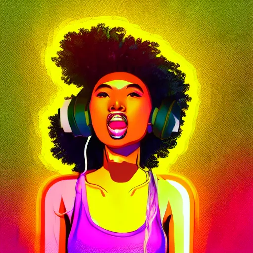 Prompt: beautiful blasian woman singing into microphone, hip hop vaporwave, abstract background, neon, photorealistic, detailed, 4k