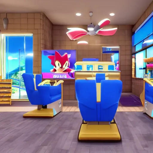 Prompt: Sonic the Hedgehog at a nail salon getting his nails done, POV, unreal engine