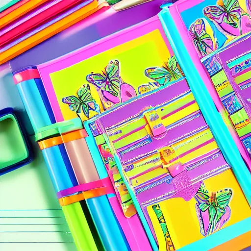 Image similar to lisa frank new school planner series, rainbow neon technicolor insects