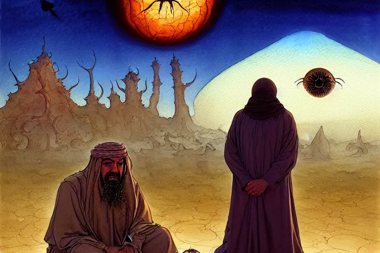 Image similar to a hyperrealist watercolour character concept art portrait of a middle eastern merchant keeling down in prayer in front of a lovecraftian alien with 1 2 eyes on a misty night in the desert. a ufo is in the background. by rebecca guay, michael kaluta, charles vess and jean moebius giraud