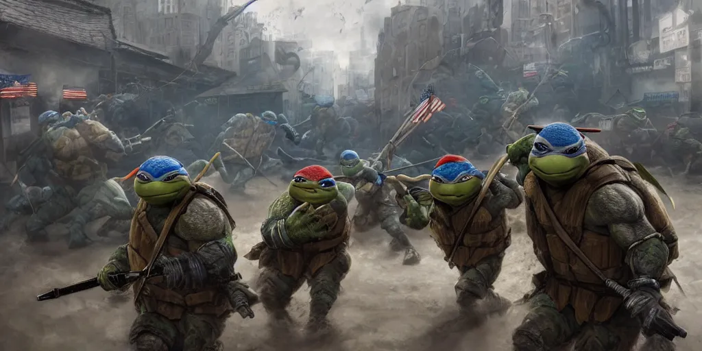 Prompt: ninja turtles escape and two military ( american uniform ) ran to sound the alarm and all the turtles began to descend the water slides, ruan jia, realism, ultra detailed, 4 k,