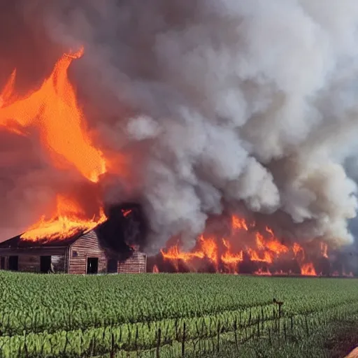 Image similar to a small vintage farm on fire in a corn field