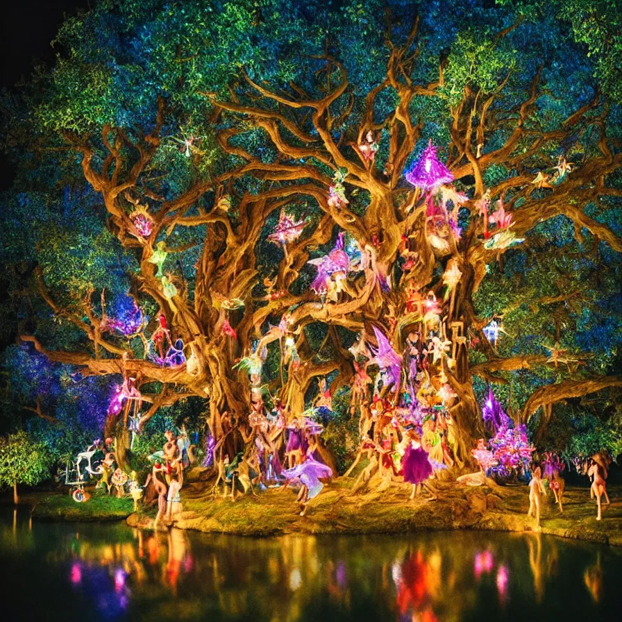 Prompt: a night carnival fairies around a magical tree next to a lake with iridiscent water, christmas lights, volumetric lightning, creatures and fantastic people disguised as fantastic creatures in a magical forest by summer night, masterpieceunderwater scene, masterpiece painted by slim aarons, scene by night