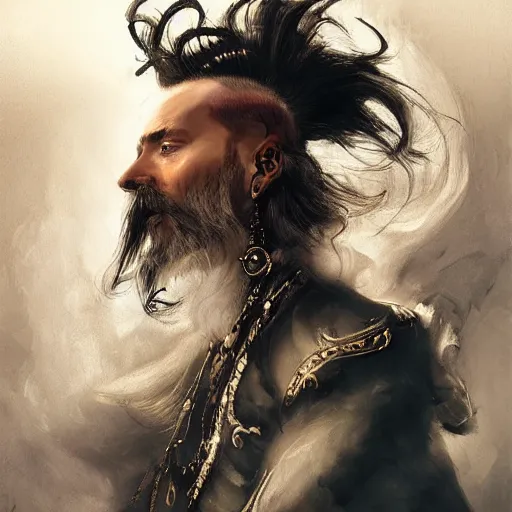 Image similar to portrait, headshot, insanely nice hair style, dramatic hair color, background smoke, digital painting, of a old 17th century, old cyborg merchant, amber jewels, baroque, ornate clothing, scifi, realistic, hyperdetailed, chiaroscuro, concept art, art by Franz Hals and Jon Foster and Ayami Kojima and Amano and Karol Bak,