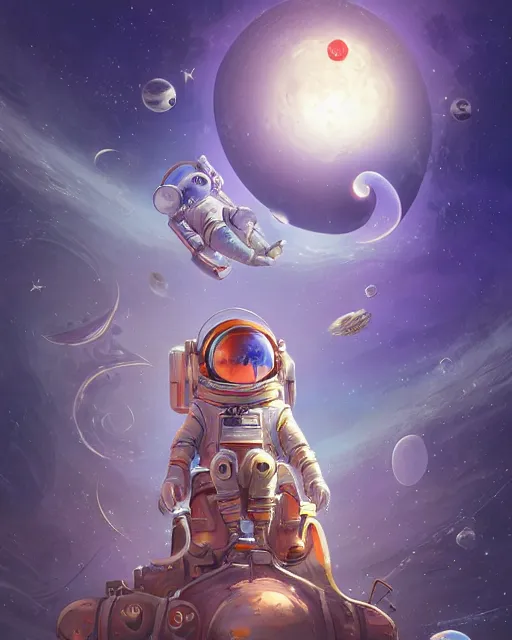 Prompt: wefie of caricature ethereal intricate cosmonaut lie relaxed on a crescent moon between the stars and the planets in outer space, cosmonaut post grunge concept art,high detail,4k, trending on artstation by Yoshitaka Amano, josan gonzalez and tyler edlin