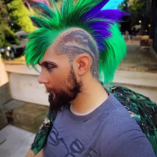 Image similar to photo of chuckchi man with green mohawk hair