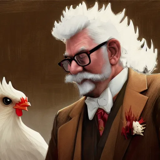 Prompt: closeup of Colonel Sanders getting married to a chicken, modern setting, intricate, elegant, highly detailed, digital painting, artstation, concept art, matte, sharp focus, illustration, hearthstone, art by Artgerm and Greg Rutkowski and Alphonse Mucha