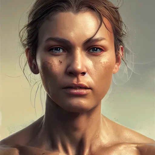Image similar to a woman with muscles, digital art, photorealistic, unreal engine, 8 k resolution, artstation, well - defined muscles, beautiful face, pretty face, very detailed eyes, by wlop, greg rutkowski, simon bosley