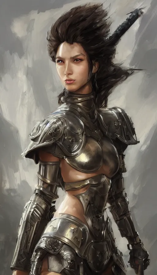 Image similar to a professional portrait of an attractive young female, partially clothed in battle armor, olive skin, long dark hair, beautiful bone structure, symmetrical facial features, intricate, elegant, digital painting, concept art, illustration, sharp focus, from Metal Gear, in the style of Ruan Jia and Mandy Jurgens and GregRutkowski and William-Adolphe Bouguerea, 3:4 ratio