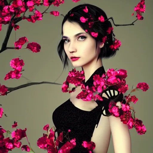 Image similar to beautiful girl in a dress made of black roses and cherry blossoms, beautiful portrait, symmetrical, character concept style trending on artstation concept art detailed octane render cinematic photo - realistic 8 k high detailed