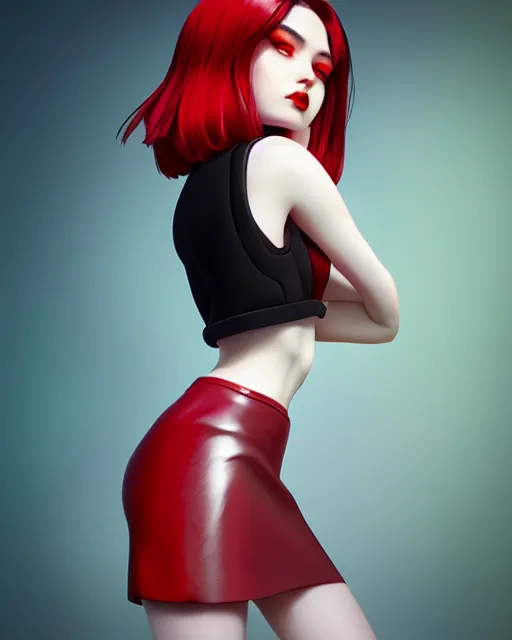 Image similar to side view of pale skin beauty in mini skirt and crop top, black hair, red lips, paint by ilya kuvshinov and ross tran and karol bak and stanley lau and anna dittmann and artgerm and xiaoguang sun and tian zi