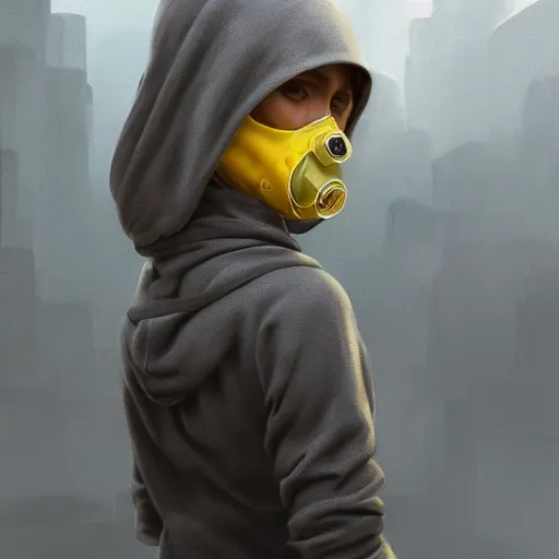 Prompt: luxury advertisement, a highly detailed epic cinematic concept art CG render digital painting artwork of a girl in a grey hoodie with a yellow rebreather half-mask. By Greg Rutkowski, Ilya Kuvshinov, WLOP, Stanley Artgerm Lau, Ruan Jia and Fenghua Zhong, trending on ArtStation, made in Maya, Blender and Photoshop, octane render, excellent composition, cinematic atmosphere, dynamic dramatic cinematic lighting, aesthetic, very inspirational, arthouse