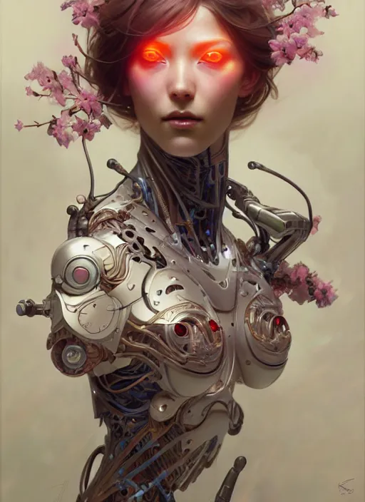 Image similar to organic cyborg, sakura, diffuse lighting, fantasy, intricate, elegant, highly detailed, lifelike, photorealistic, digital painting, artstation, illustration, concept art, smooth, sharp focus, art by John Collier and Albert Aublet and Krenz Cushart and Artem Demura and Alphonse Mucha