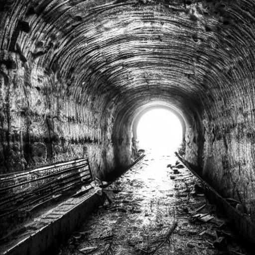 Image similar to a realistic horrible creature standing at the end of an abandoned mine, long tunnel, dream like atmosphere,