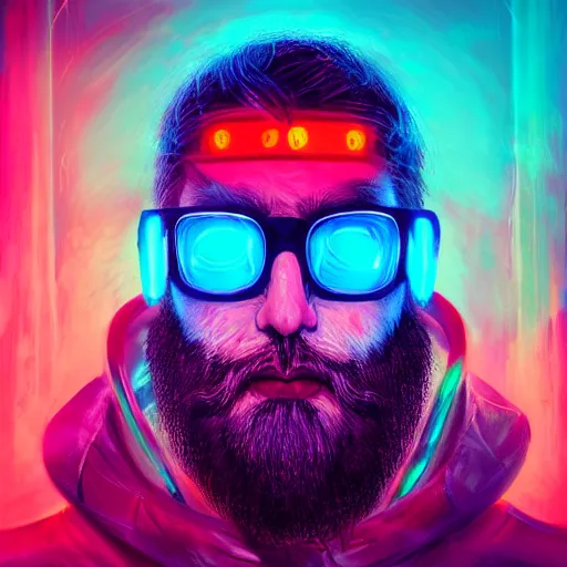 Image similar to hyperrealistic portrait cyberpunk man 4 0 old with large beard, red colored eyes, neon light, fantasy art, electronic face