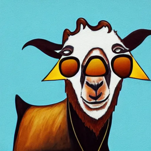 Prompt: portrait of cool goat with sun glasses leather jacket