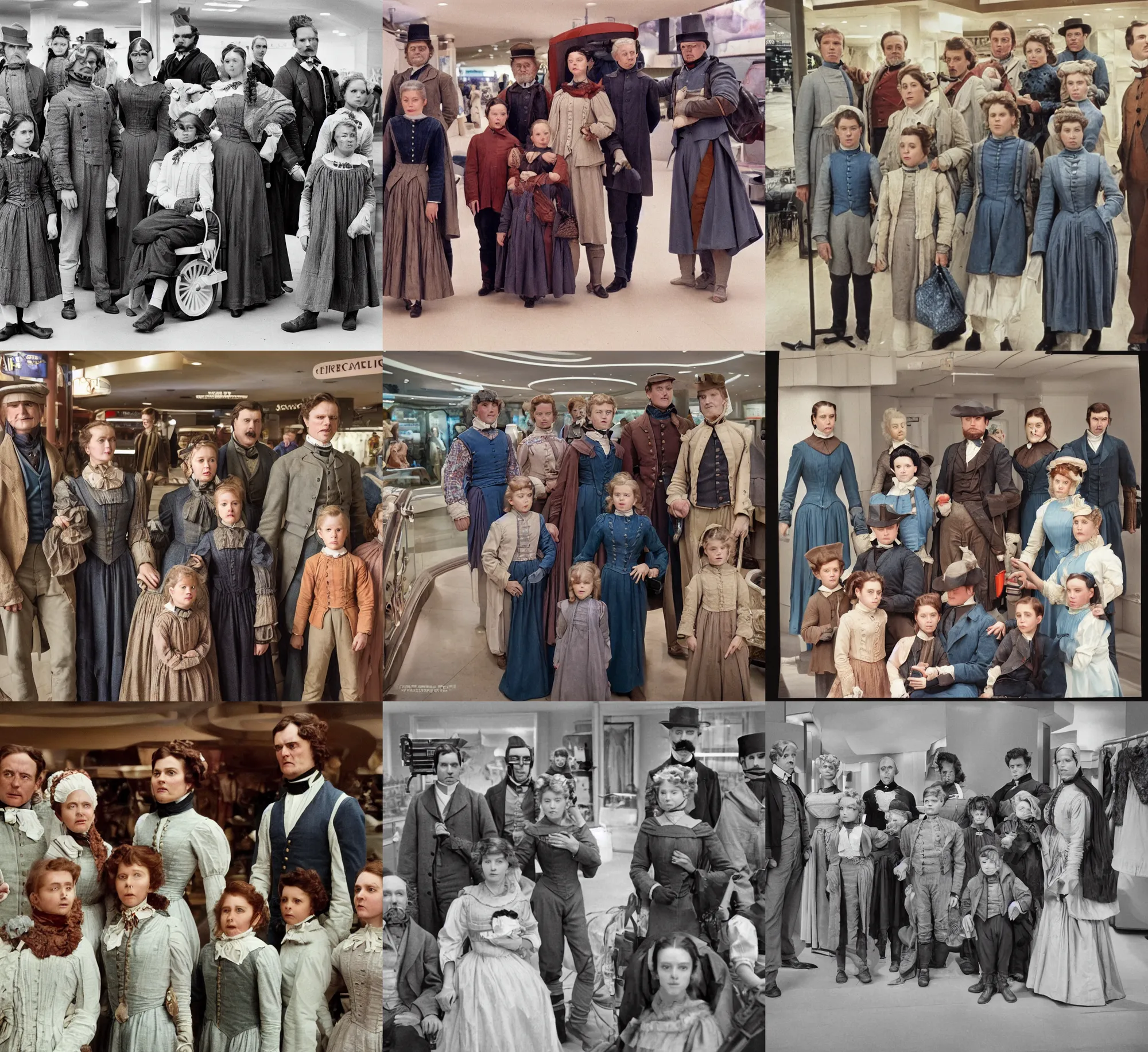 Prompt: sharp, highly detailed, 65mm film, high quality frame scan from a sci fi blockbuster color movie made in 2019, a family of four time travelers from 1860 travel in time to 2019, appearing in a shopping mall, looking surprised, the family are all wearing 1860s era clothes, good lighting, in focus, cinematic still, high quality scan, in focus, 35mm lens, detailed eyes, realistic faces and details, oscar winner, award winning lighting, award winning photography, ultra high definition