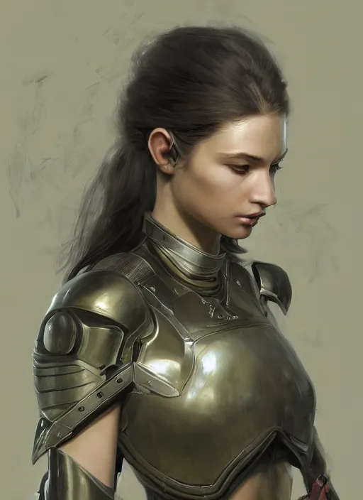 Image similar to a professional painting of a beautiful young female, clothed in military armor, olive skin, long dark hair, beautiful bone structure, symmetrical facial features, intricate, elegant, digital painting, concept art, smooth, sharp focus, illustration, from Metal Gear, by Ruan Jia and Mandy Jurgens and Artgerm and William-Adolphe Bouguerea