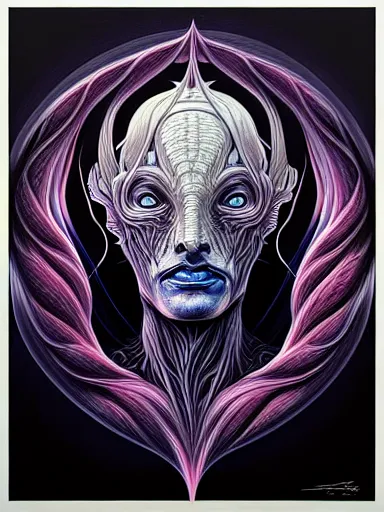 Image similar to ! dream portrait study, lord of regeneration, illustrated on black paper by nychos, artgerm, moebius, alex grey, android jones : : fractal lotus pattern : : digital painting, digital art, concept art, character design, imaginefx : : hyperrealism, dark fantasy