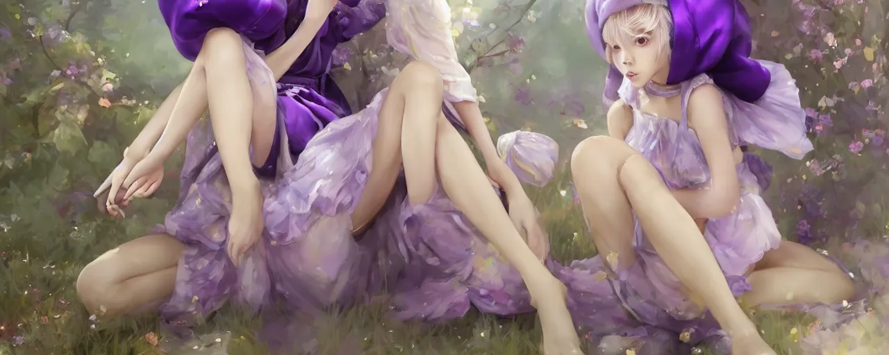 Image similar to Full View of a mysterious kpop fairy maidens with short blond hair wearing an oversized purple Beret, Baggy Purple overall shorts, Short Puffy pants made of silk, silk shoes, a big billowy scarf, Golden Ribbons, white leggings Covered in stars. Short Hair. peasant magic. masterpiece 4k digital illustration by Ruan Jia and Mandy Jurgens and Artgerm and william-adolphe bouguereau, award winning, Artstation, art nouveau aesthetic, Alphonse Mucha background, intricate details, realistic, panoramic view, Hyperdetailed, 8k resolution, intricate art nouveau, smooth, sharp focus