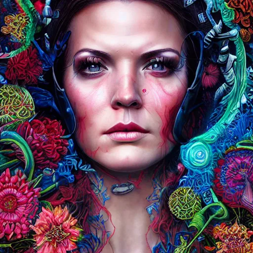 Image similar to portrait of danneel ackles, hyper detailed masterpiece, neon floral pattern, jean giraud, digital art painting, darkwave goth aesthetic, psychedelic, artgerm, donato giancola and tom bagshaw