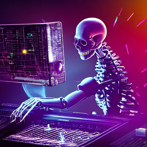 Image similar to cyberpunk skeleton band playing synthesizer, honeycomb structure, smokey lights, lasers, highly detailed, realistic, technology and magic,