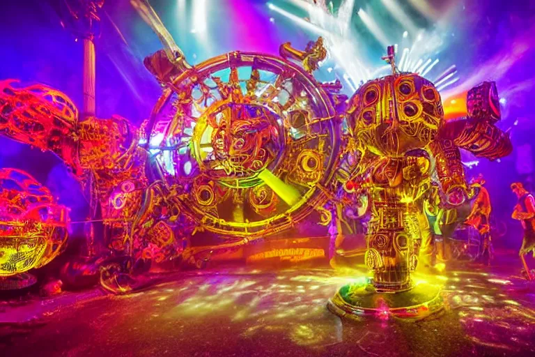 Image similar to scene is elrow party in amnesia ibiza, portrait photo of a giant huge golden and blue metal steampunk robot, with gears and tubes, eyes are glowing red lightbulbs, shiny crisp finish, 3 d render, 8 k, insaneley detailed, fluorescent colors, haluzinogetic, background is multicolored lasershow