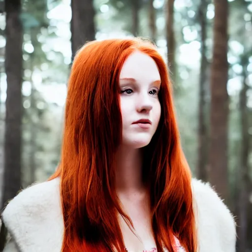 Prompt: an half body portrait of a redhead beautiful girl, green eyes, in a fir forest, highly detailed, lens 3 5 mm f 1. 4