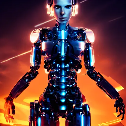 Prompt: cute cyborg young woman with a beautiful face and translucent mechanical body. cool action pose in a sci - fi blockbuster. 4 k extreme detail movie poster.