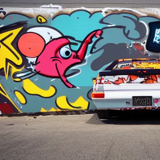 Prompt: a seagull driving a drift car, cartoon, graffiti on a wall, award-winning, coherent