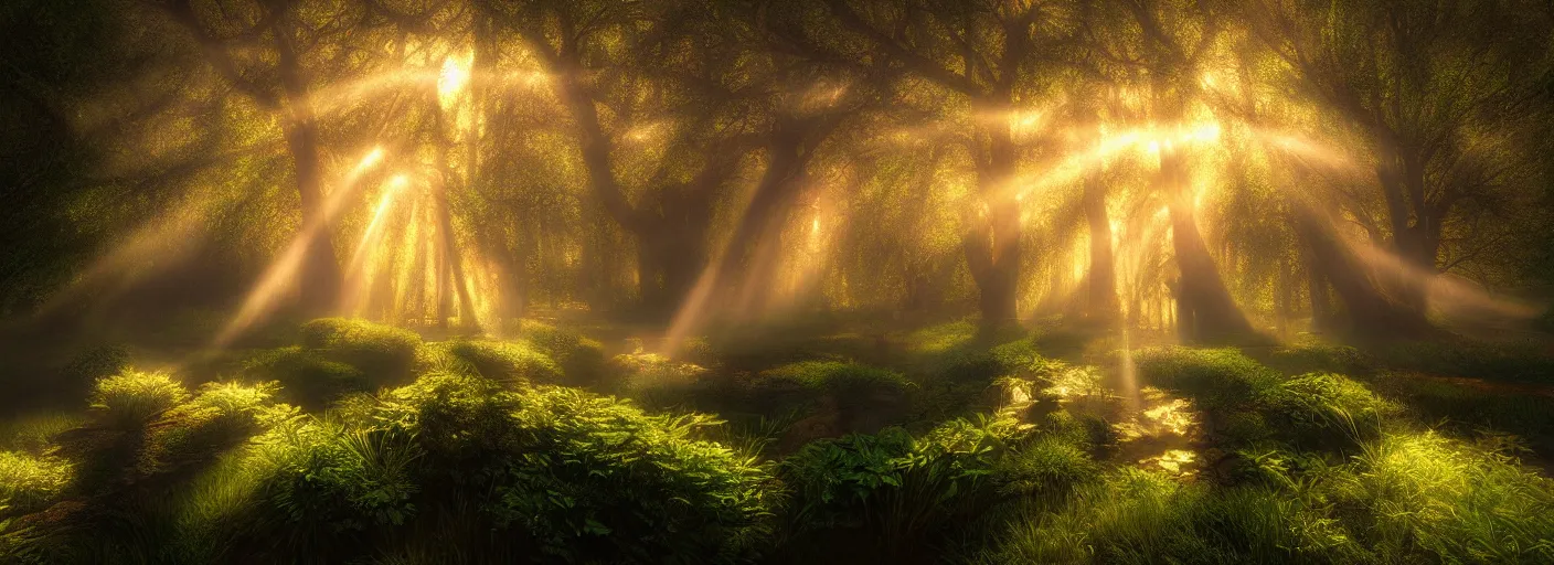 Image similar to photograph of enchanted garden, mist with rays of light by marc adamus, highly detailed, intricate detail, cinematic lighting, 8 k,