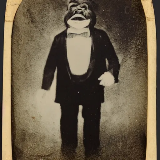 Prompt: a tintype photo of Bigfoot dressed in a tuxedo-H 768