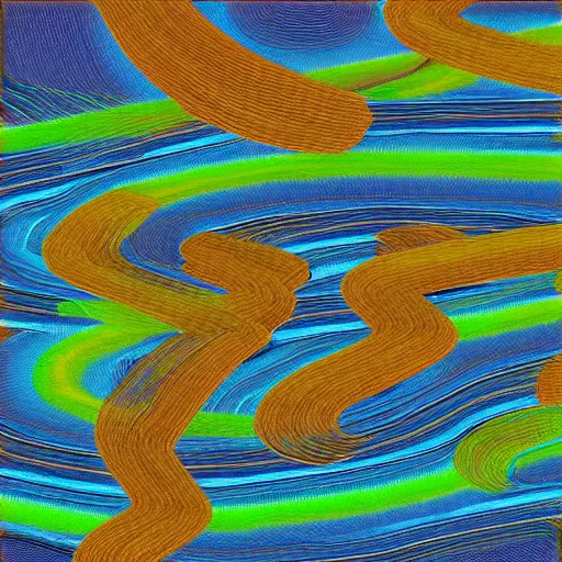 Image similar to by trish mistric rhythmic, improvisational. a river scene. the river is represented by a line winding through the center of the digital art. the banks of the river are represented by two lines, one on each side.