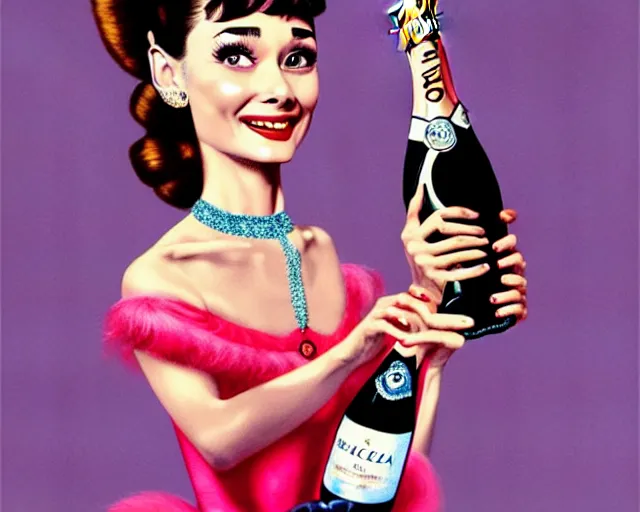 Image similar to audrey hepburn as a cancan dancer with a big bottle of champagne in art deco style, nicoletta ceccoli, mark ryden, lostfish, max fleischer, hyper realistic, artstation, illustration, digital paint, matte paint, vivid colors, bright, cheerful, detailed and intricate environment