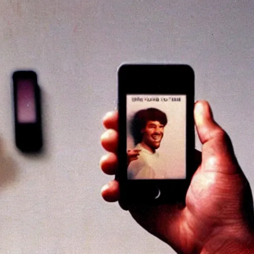 Image similar to a 1980's picture of a man holding an Iphone, Iphones in the 1980s, old photograph, advertisement for the Apple Iphone, 480p resolution