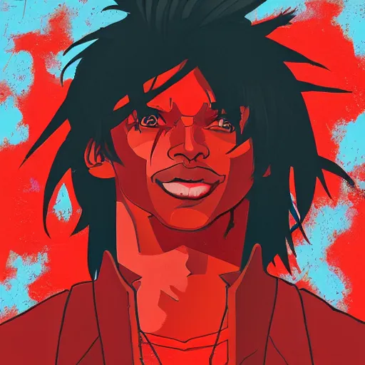 Prompt: Album Art for Playboi Carti \'Whole Lotta Red\', Carti as Madara, Red Birthmark, Castlevania, Vector art, Geometric 3d shapes, Gang, Guns, Paper Marbling, red smoke, by Sachin Teng, Trending on artstation