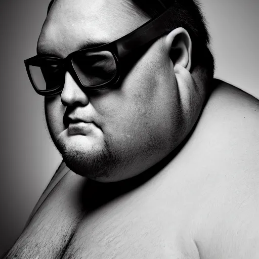 Image similar to an obese man with an extremely fat face and dark neck beard, long ponytail styled hair, confident looking, black and white photo, softbox studio lighting