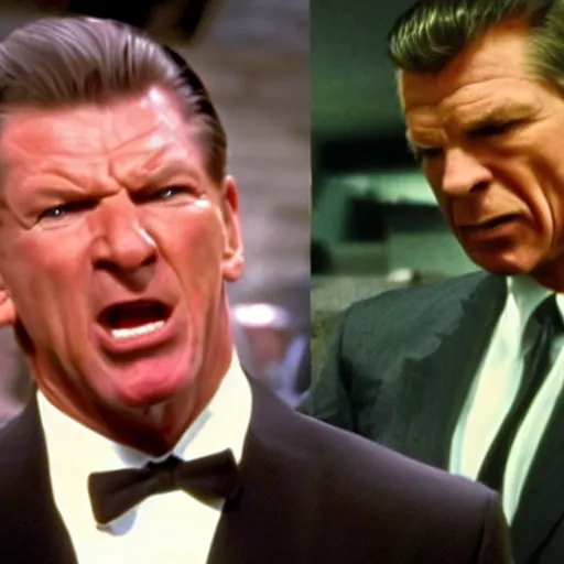 Prompt: mad vince mcmahon yelling at sad james bond for spilling milk in the floor