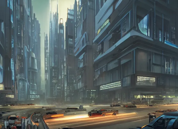 Prompt: 5 cars driving down a street in the city of Eindhoven next to tall buildings the night at 8:00 am, cyberpunk art by Chesley Bonestell, cgsociety, retrofuturism, matte painting, reimagined by industrial light and magic