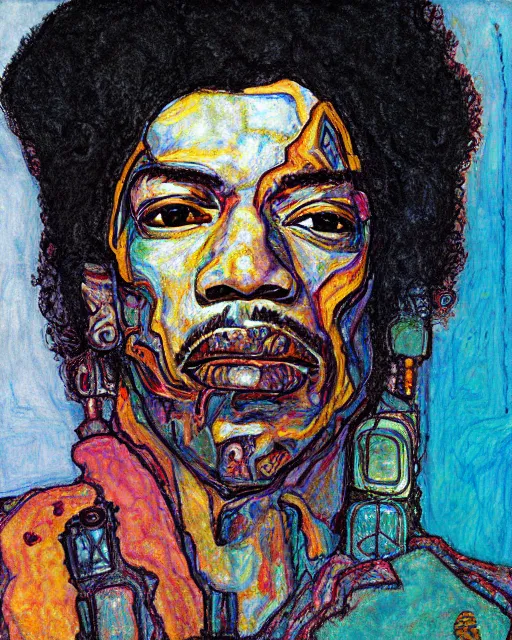 Image similar to portrait of cyberpunk jimi hendrix by egon schiele in the style of greg rutkowski