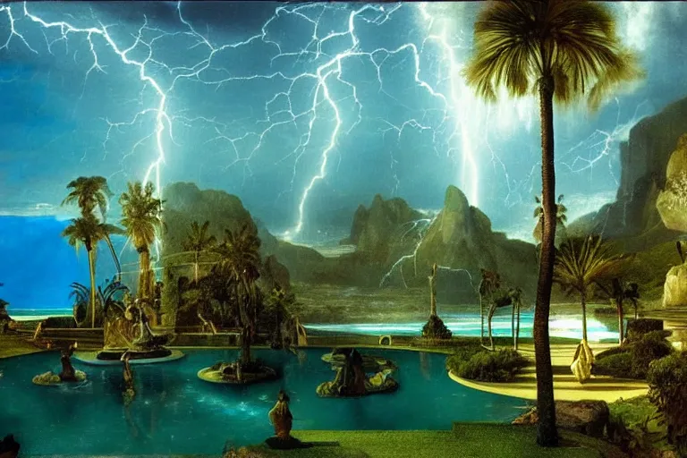 Prompt: Palace of the occult, refracted sparkles, thunderstorm, greek pool, beach and Tropical vegetation on the background major arcana sky and occult symbols, by paul delaroche, hyperrealistic 4k uhd, award-winning, very detailed paradise