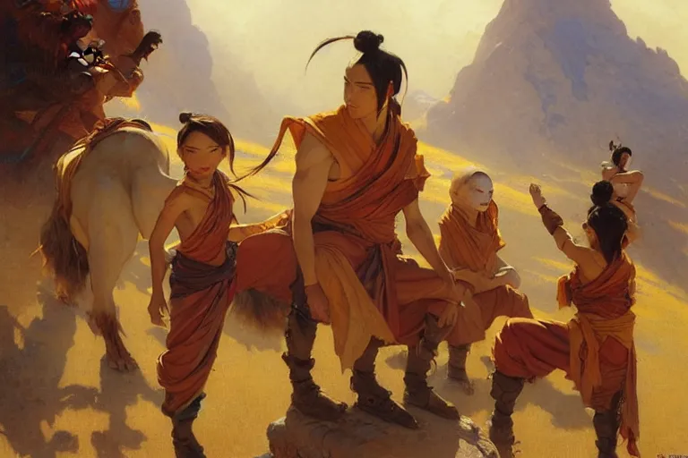 Image similar to airbending nomads from avatar the last airbender, painting by gaston bussiere, craig mullins, j. c. leyendecker