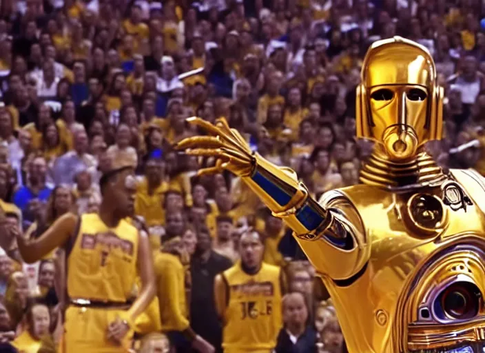 Image similar to ESPN still of C-3PO playing in the nba playoffs live on espn, 4k