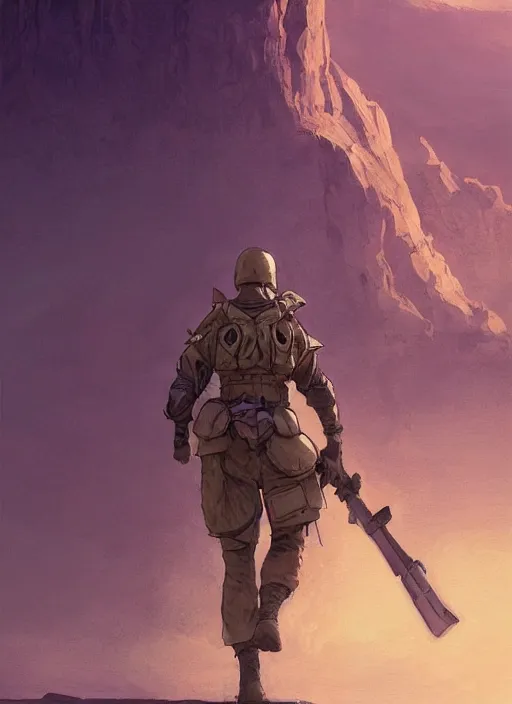 Image similar to purple lighting, detailed character concept illustration, strong muscular mature soldier in a soldier uniform, desert with city in the background, sharp focus, illustration, highly detailed, digital painting, concept art, matte, art by wlop and artgerm and greg rutkowski, masterpiece