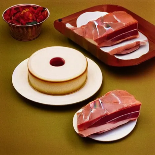 Prompt: “70s food photography of a cake made of ham”