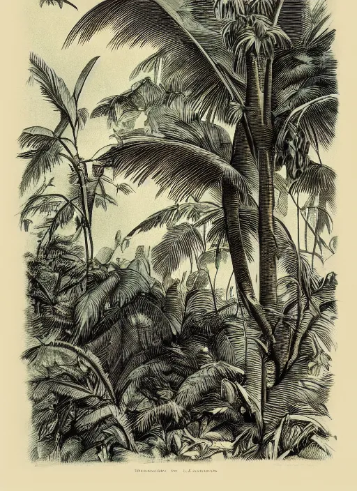 Prompt: a vintage dinosaur in a tropical forest, john james audubon, intaglio 8 k resolution